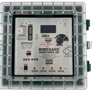 Bird Gard Sonic Hawk 100 control unit with the clear weatherproof cover closed over the control panel