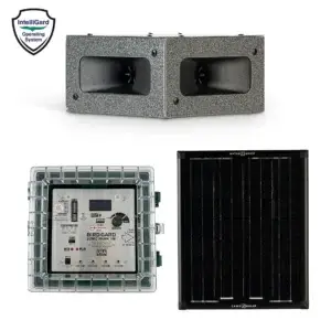 Bird Gard Sonic Hawk 100 system components — 4-speaker box, control unit and 25-watt solar panel