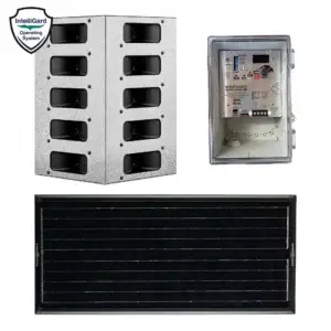 Bird Gard Sonic Hawk 500 system components — 20-speaker tower, control unit and 50-watt solar panel